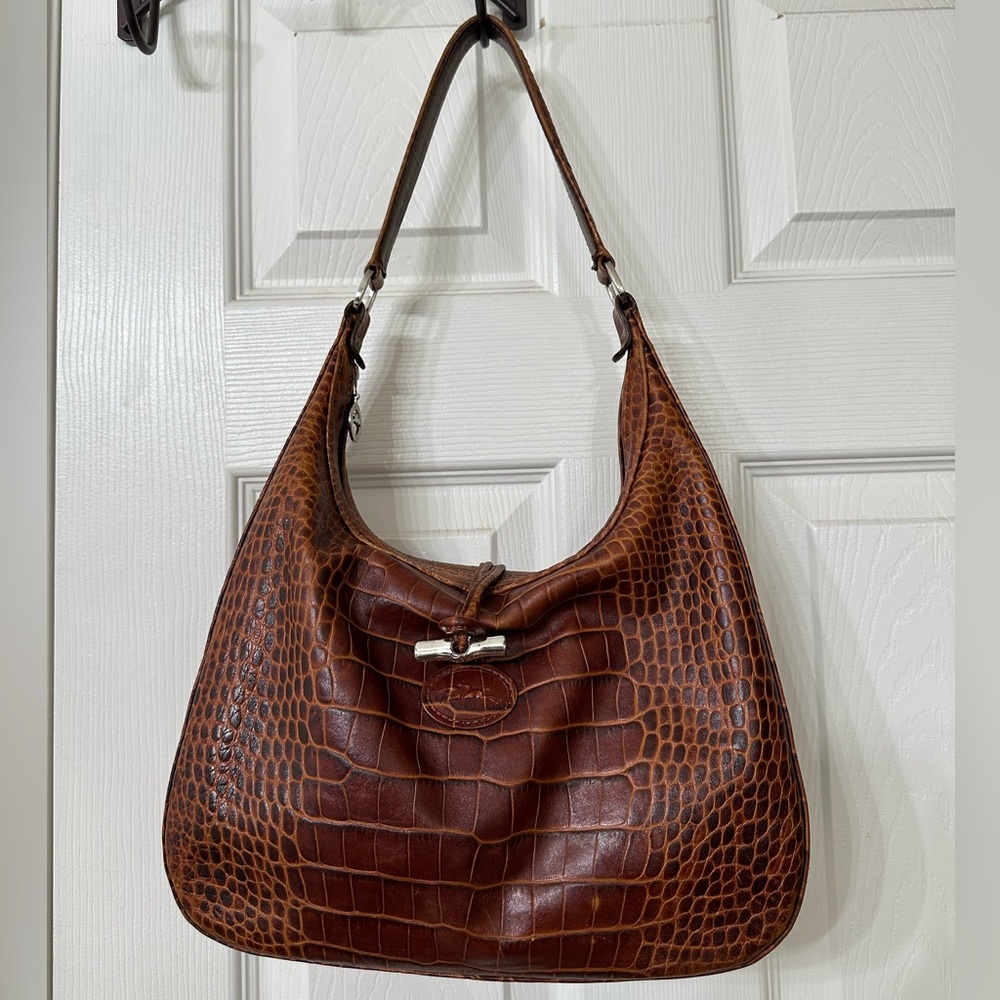 Longchamp Croc-Embossed Leather Hobo Bag